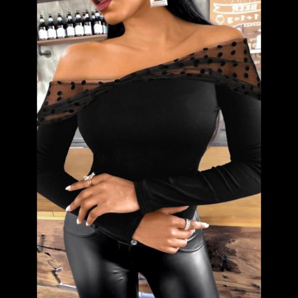 Black Dotted Mesh Trim On Top Bateau Neck Off The Shoulder Sexy Dress Shirt